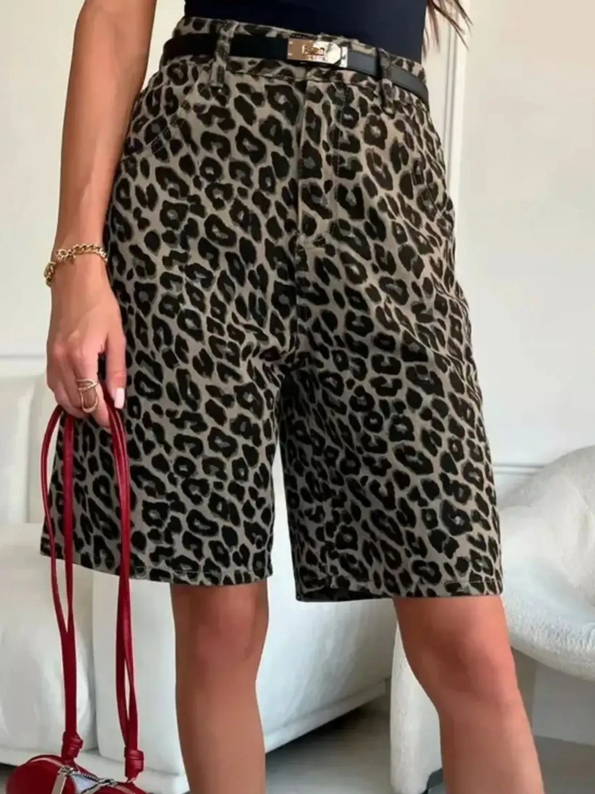 Leopard Print High-Waisted Casual Shorts