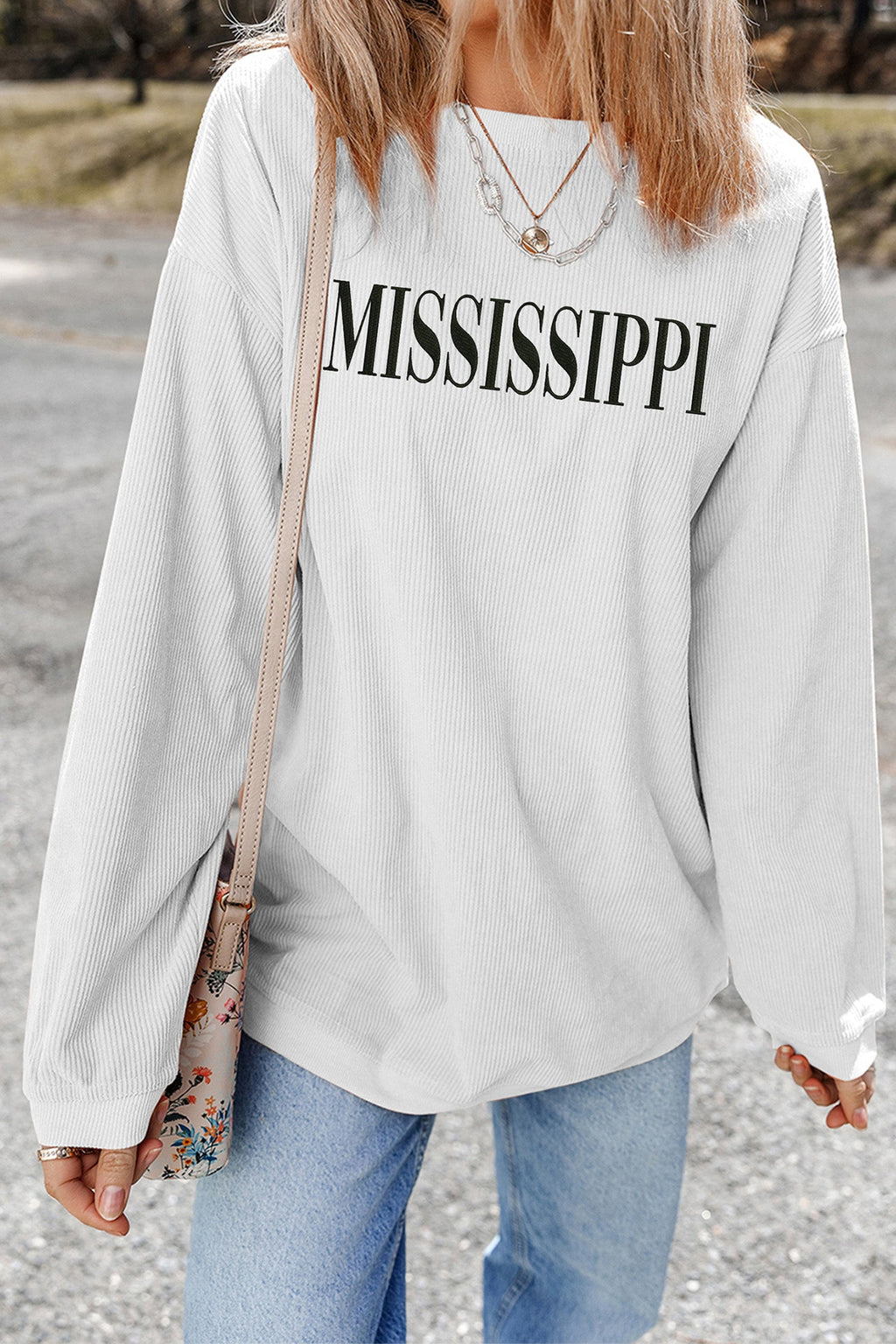 White Raised Rib Mississippi Baggy Sweatshirt | Oversized Pullover