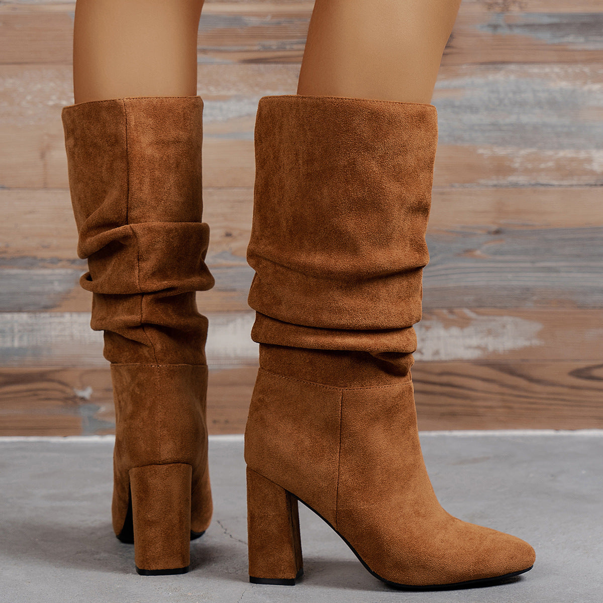 Women's Brown Suede Slip-On High Heel Slouchy Fashion Boots - Image 4