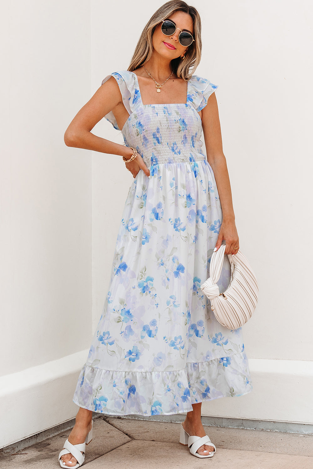 Sky Blue Floral Smocked High Waist Maxi Dress | Sleeveless