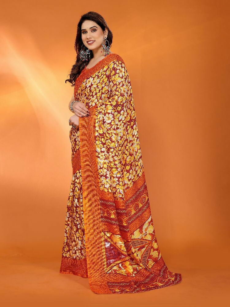 Orange Kota Doria Printed Saree with Matching Blouse Piece