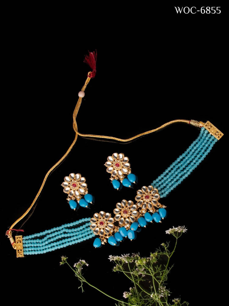 Sky Blue Beaded Pearl Gold-Polished Necklace Set for Women