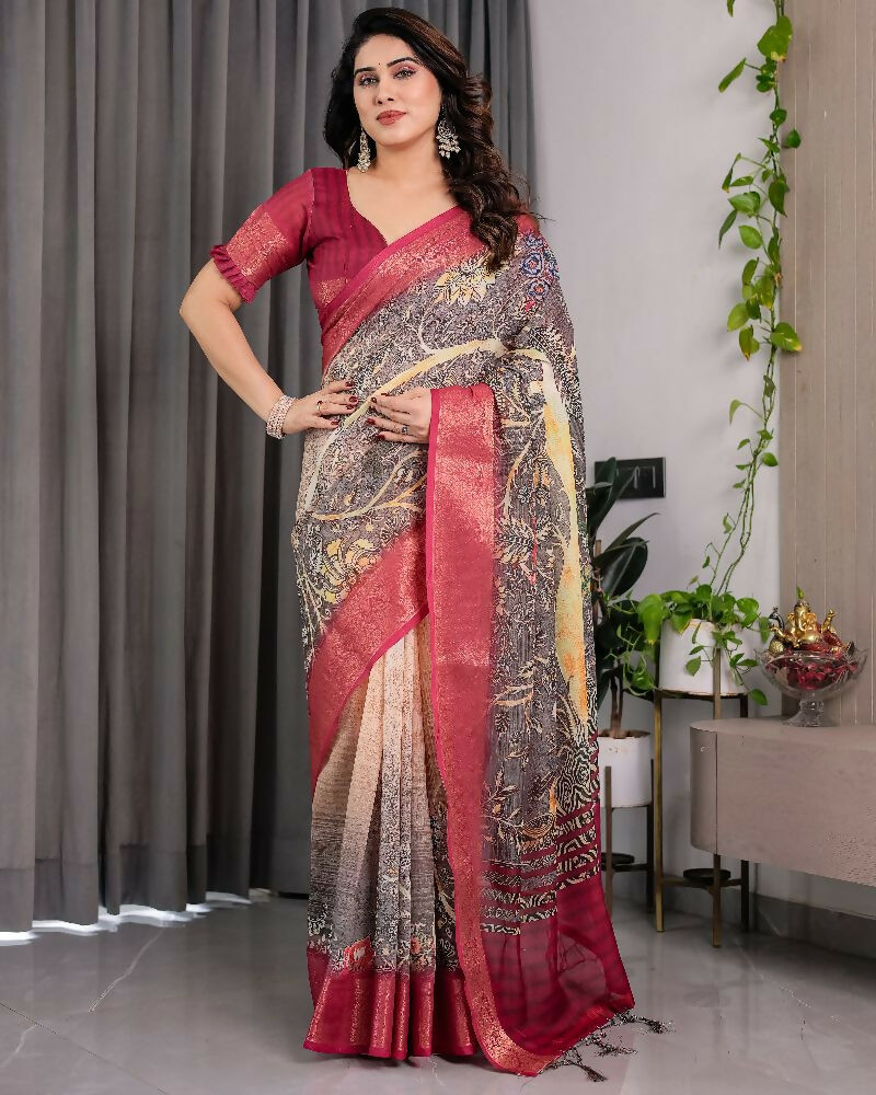 Wine Pure Handloom Linen Saree with Matching Blouse Piece