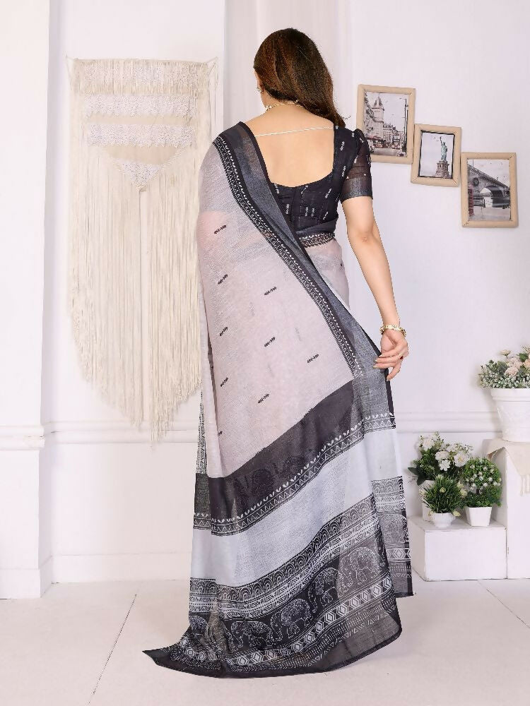 Black Handloom Linen Cotton Zari Saree with Festive Border