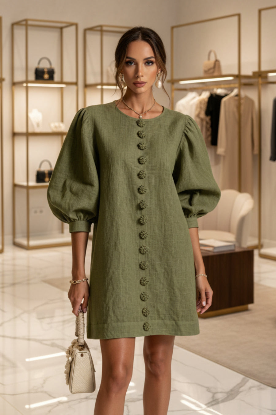 Puff Sleeve Mini Dress | Button-Front A-Line | Lantern Sleeve Resort Dress