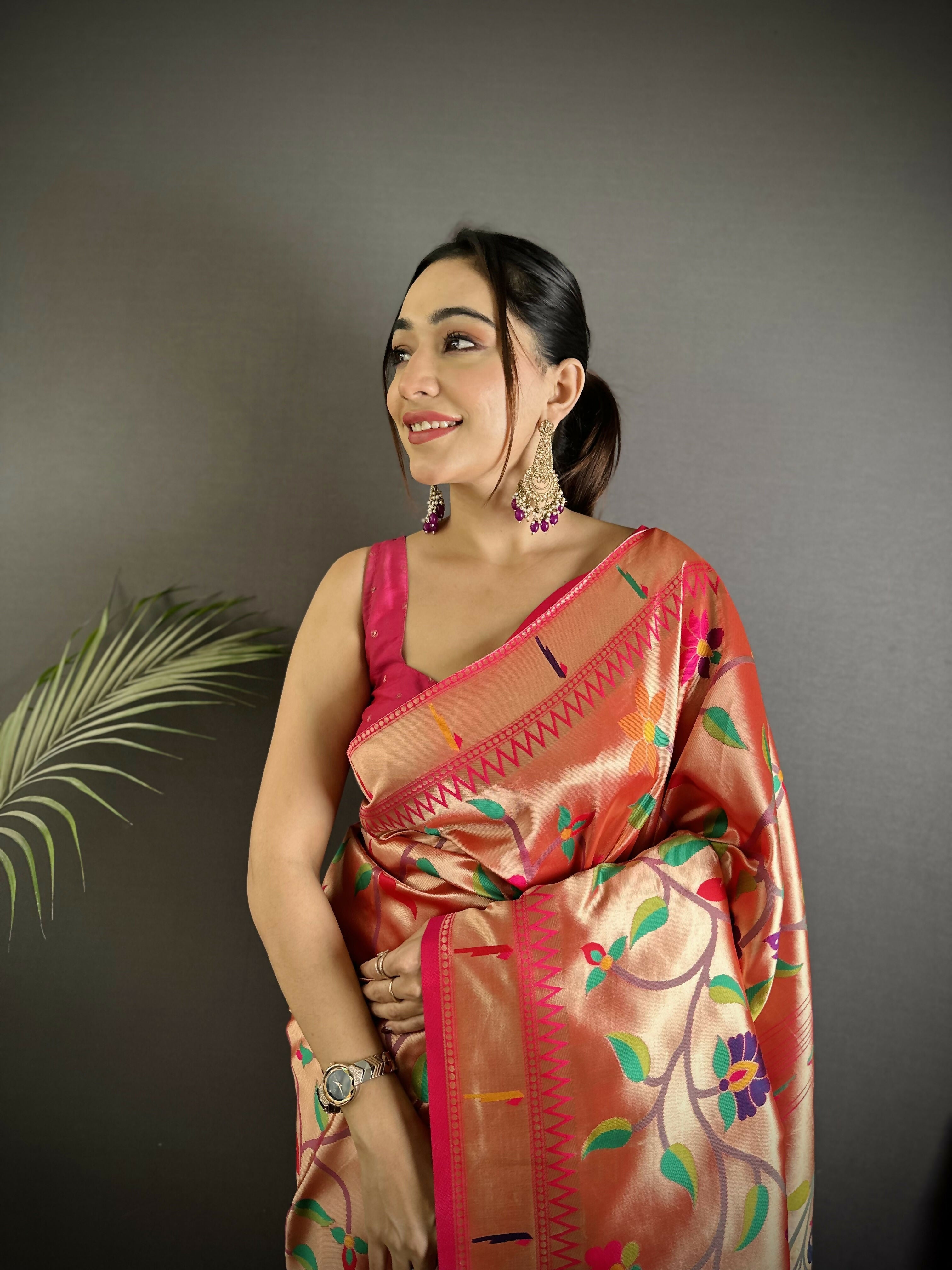 Reddish Pink Peacock and Floral Soft Silk Paithani Saree