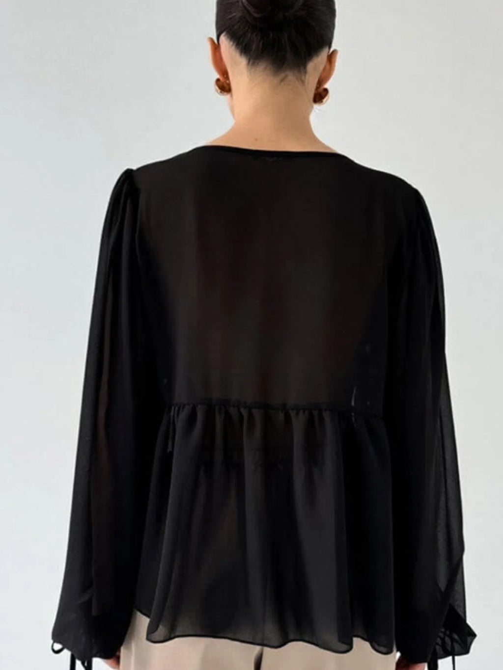 White Ruffled Tie Front Long Sleeve Sheer Blouse - Image 12
