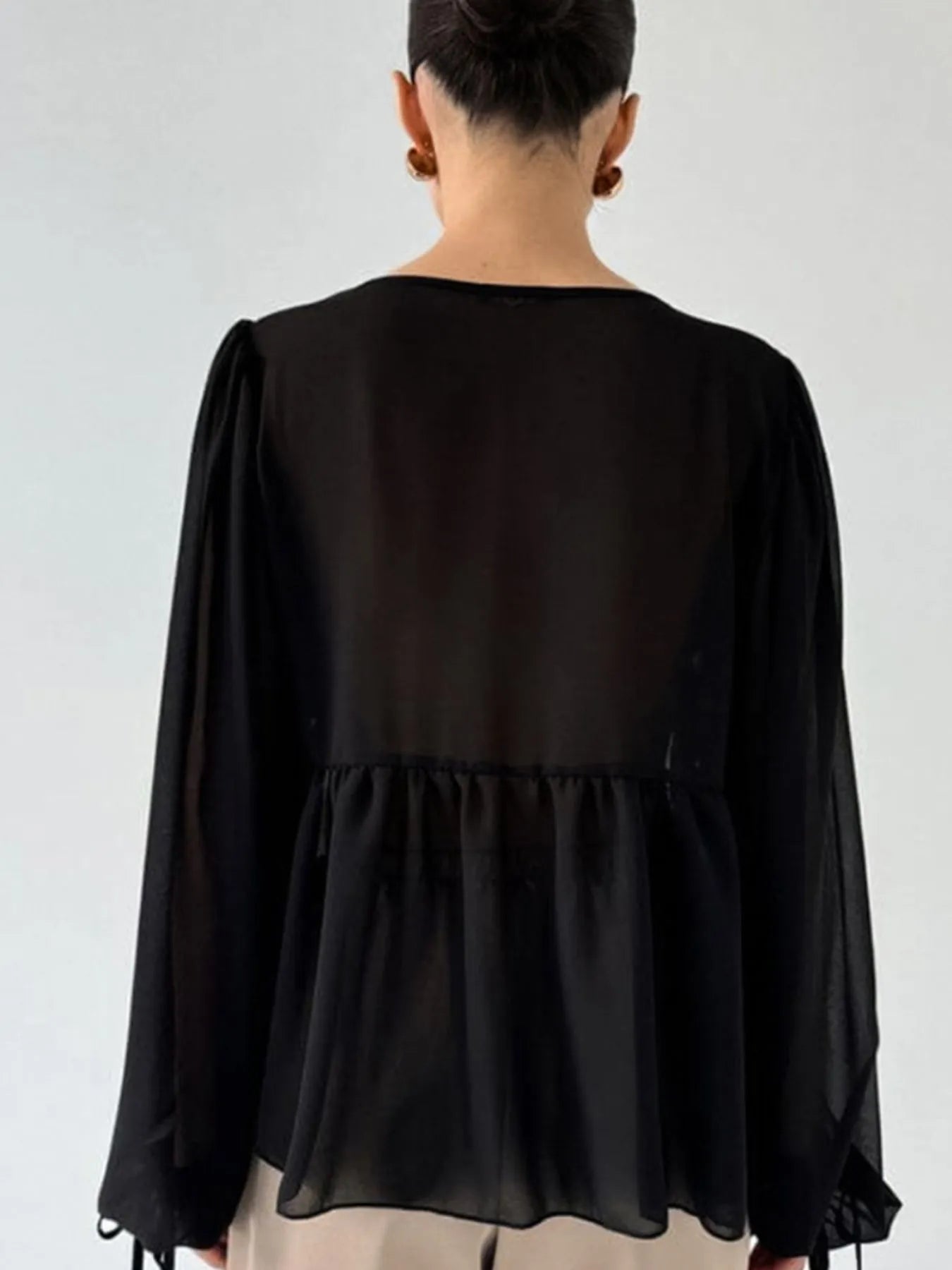 White Ruffled Tie Front Long Sleeve Sheer Blouse - Image 12