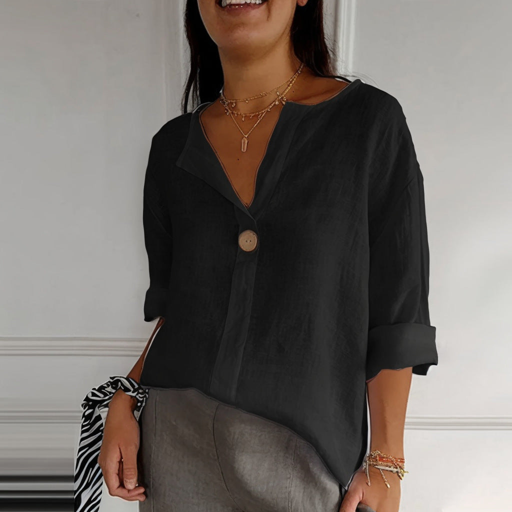 Women's V-Neck Long-Sleeve Linen Button Top – Loose Casual Blouse