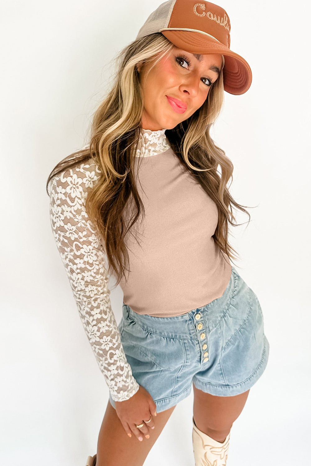 Smoke Gray Floral Lace Patchwork Long Sleeve High Neck Top