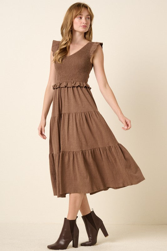 Smocked Ruffled Tiered Midi Dress - Boho Chic Brown Dress
