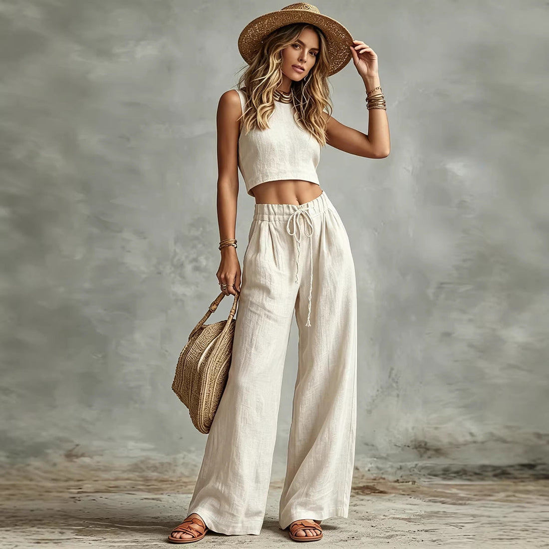 Rust Sleeveless Crop Vest and High-Waist Wide-Leg Pants Set - Image 4