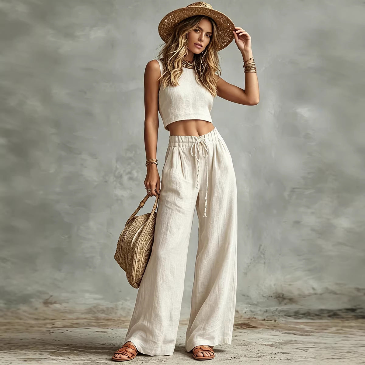 Rust Sleeveless Crop Vest and High-Waist Wide-Leg Pants Set - Image 4