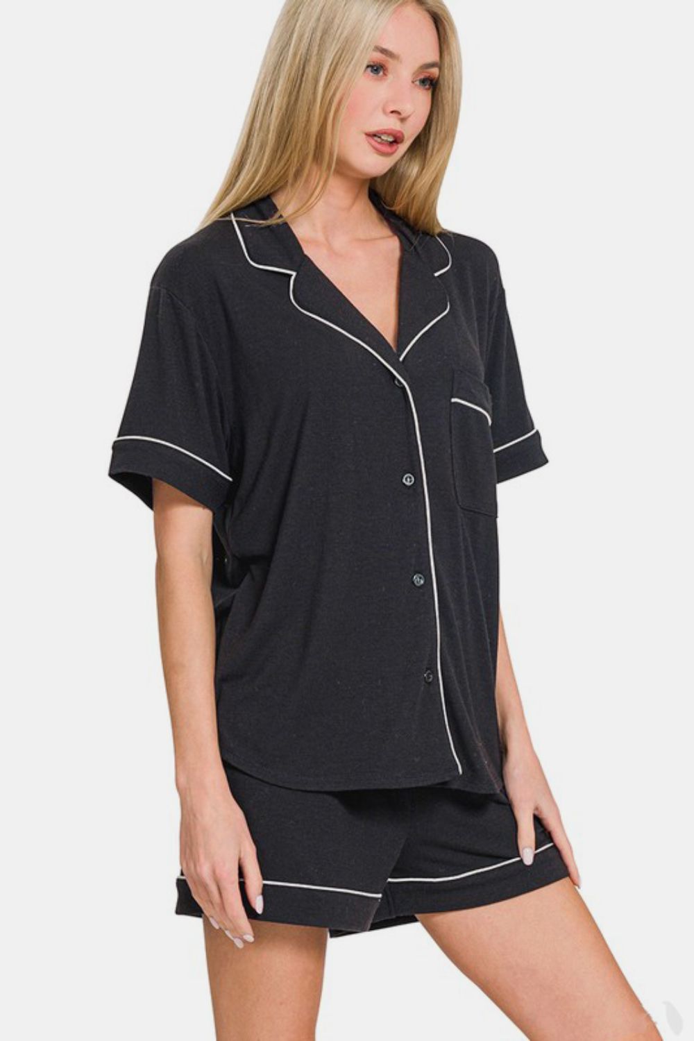 Zenana Button Down Short Sleeve Lounge Set