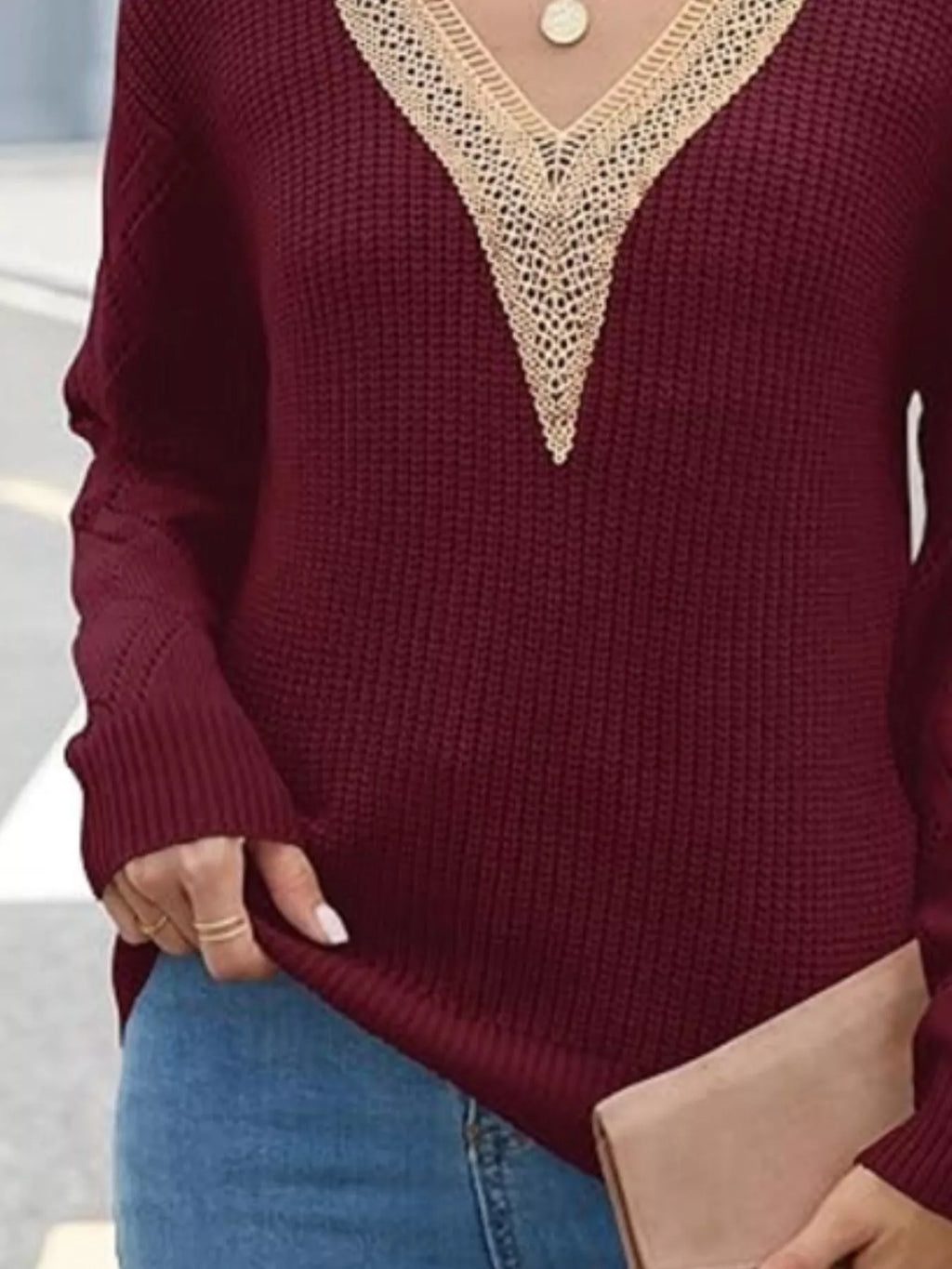 Openwork V-Neck Long Sleeve Sweater