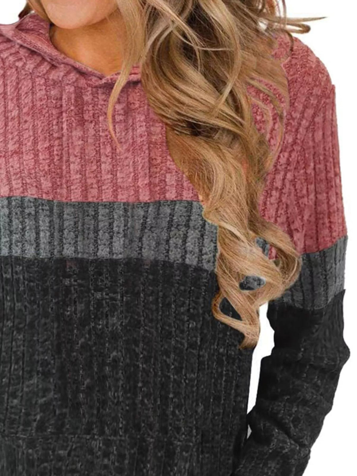 Full Size Color Block Ribbed Knit Hoodie Plus Size