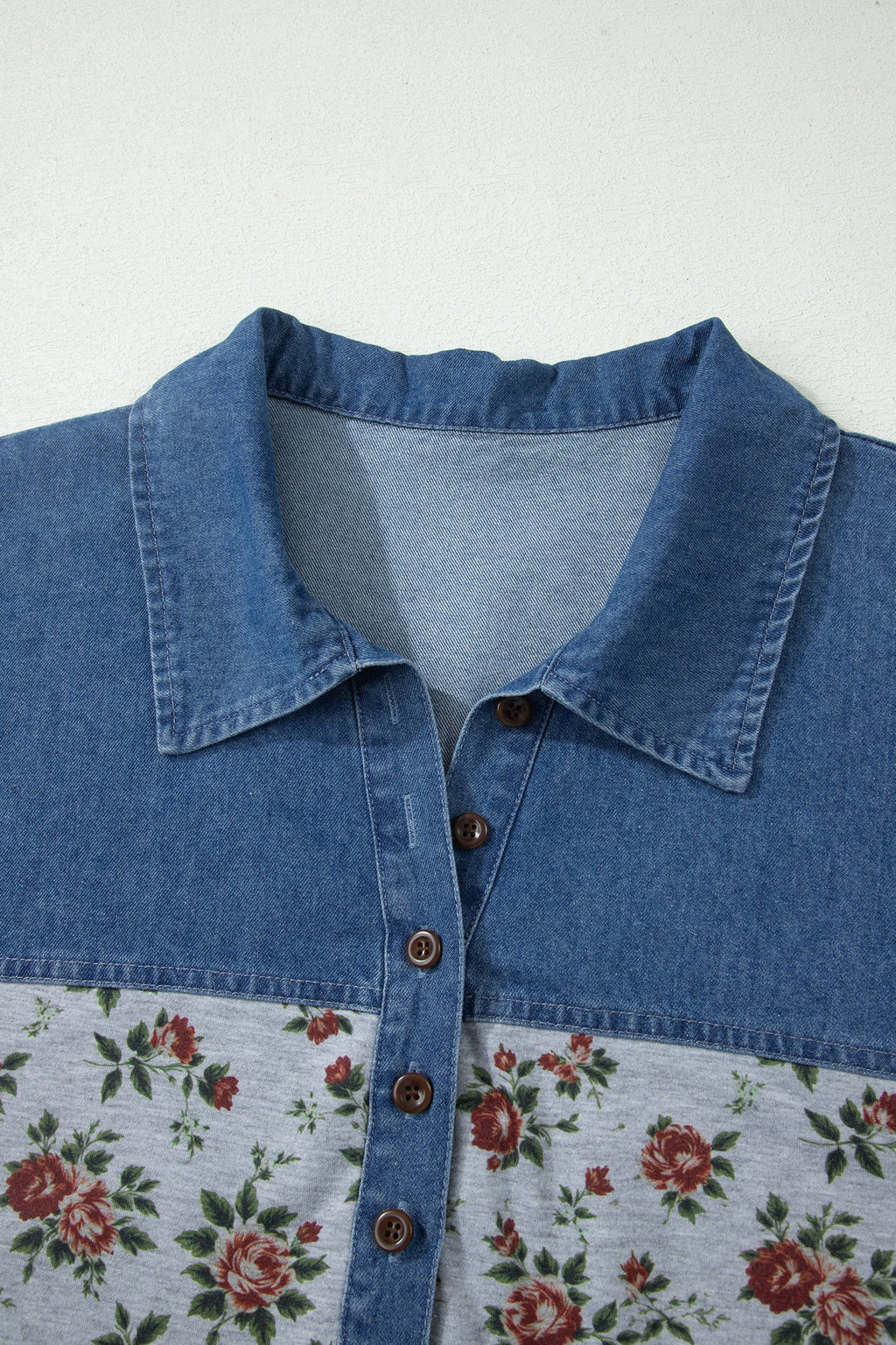 Karla Patchwork Polo Tee with Floral Print in Blue and Grey