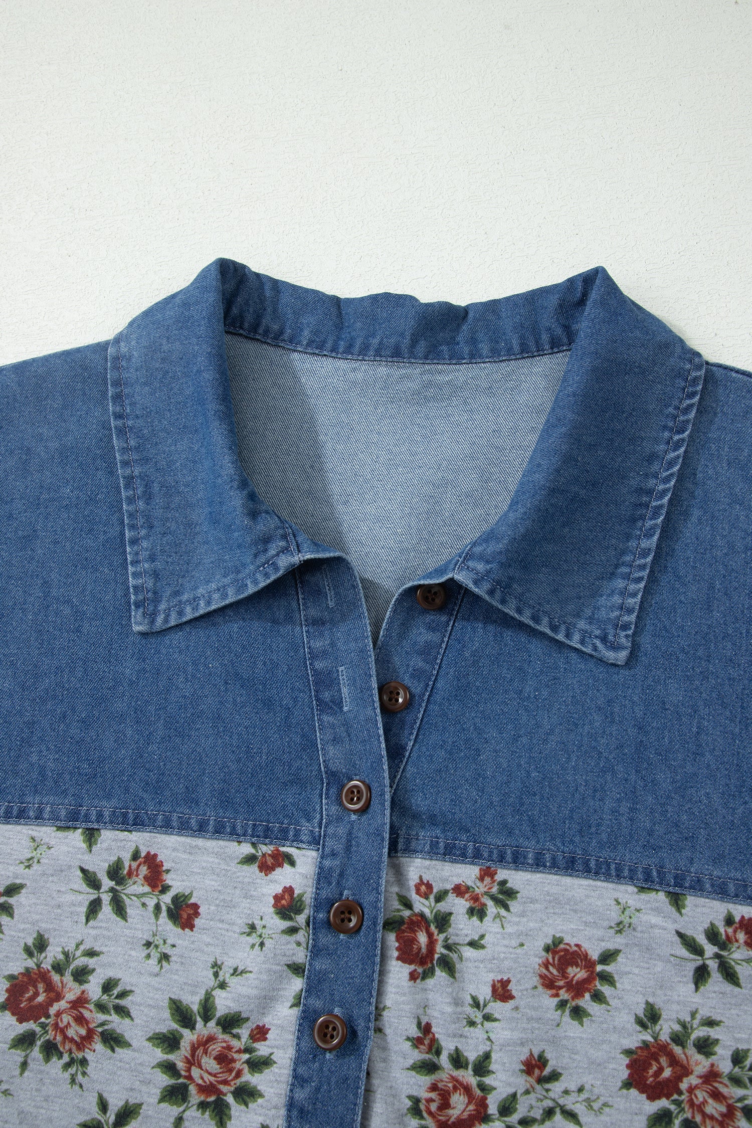 Karla Patchwork Polo Tee with Floral Print in Blue and Grey