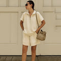Women's Solid Color Short Sleeve Half-Zip Top and Shorts Set - Image 5