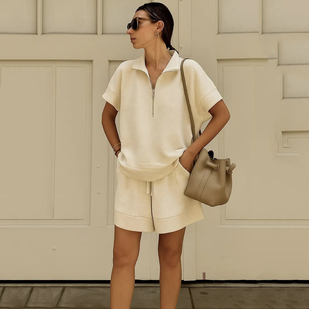 Women's Solid Color Short Sleeve Half-Zip Top and Shorts Set - Image 5