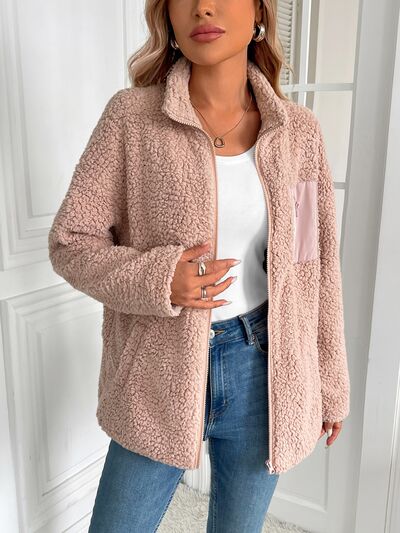 Fuzzy Zip-Up Long Sleeve Jacket Soft Plush Winter Outerwear