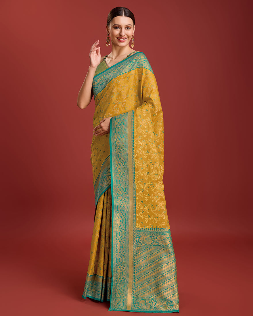 Mustard Banarasi Tissue Silk Saree with Zari Woven Details
