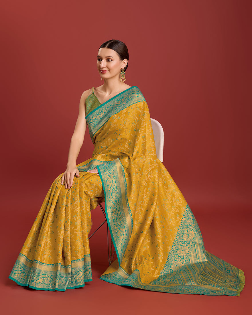 Mustard Banarasi Tissue Silk Saree with Zari Woven Details