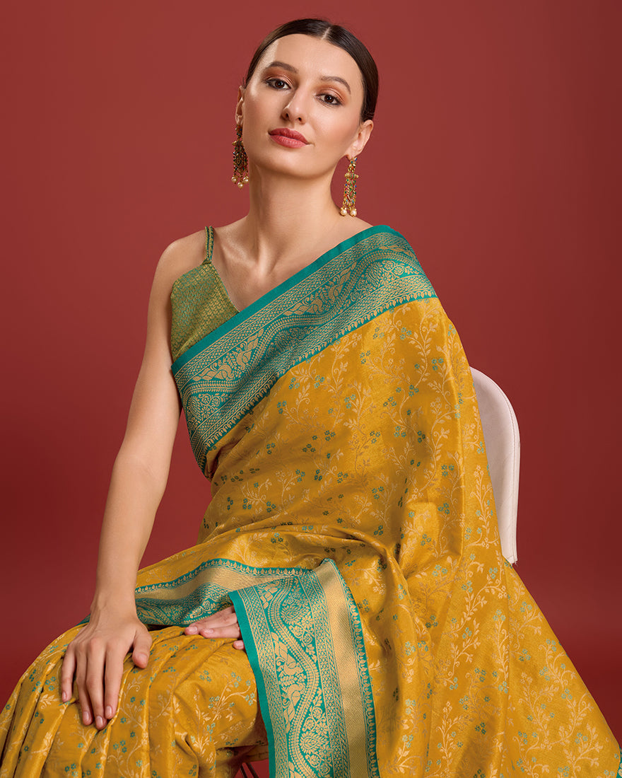 Mustard Banarasi Tissue Silk Saree with Zari Woven Details