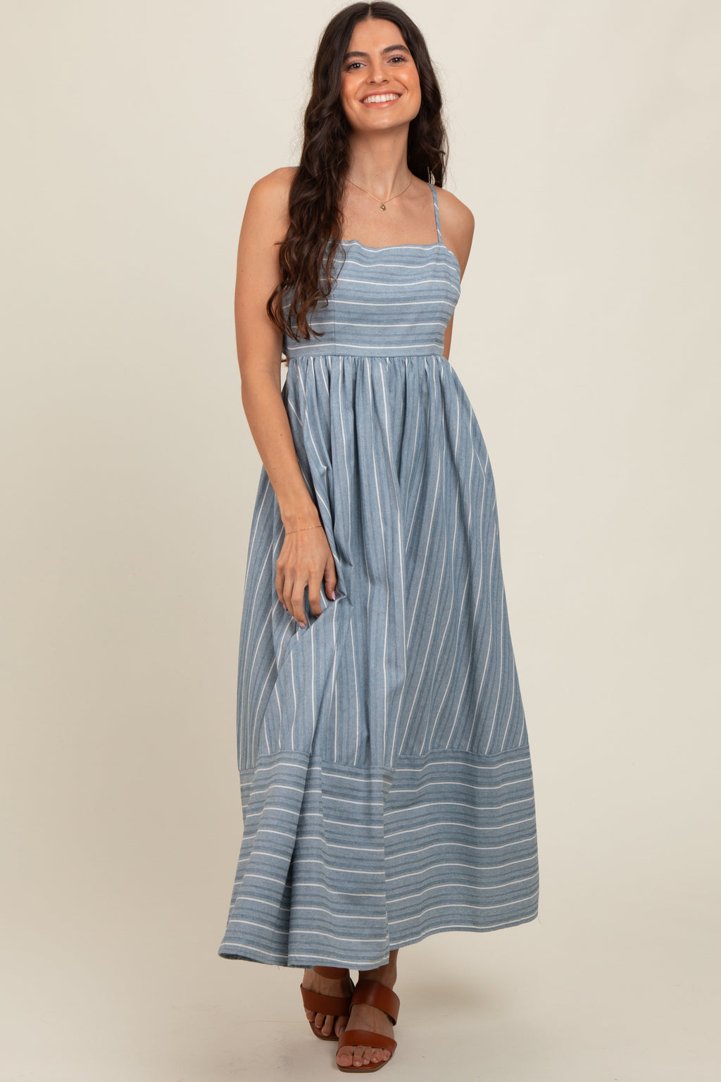 Navy Striped Cutout Back Maxi Dress - A-Line Sleeveless Cotton