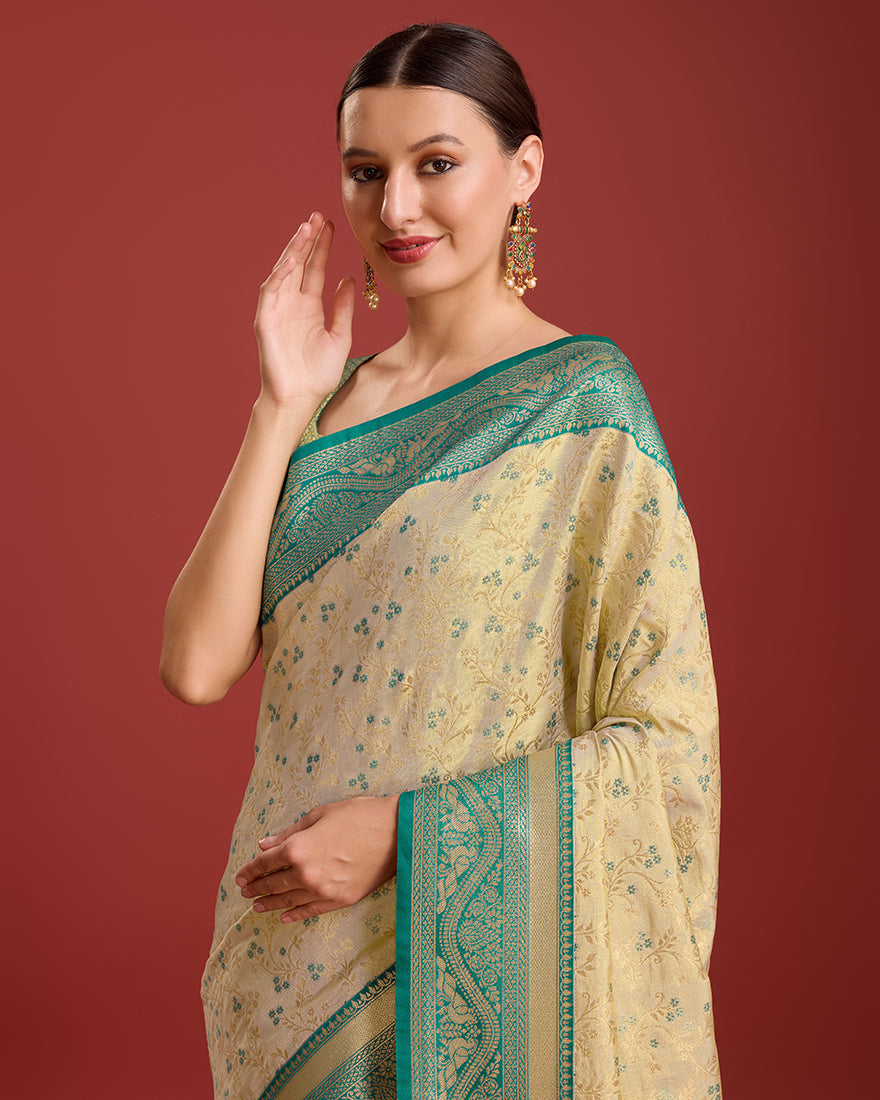 Beige Zari Woven Banarasi Tissue Silk Saree for Formal Events
