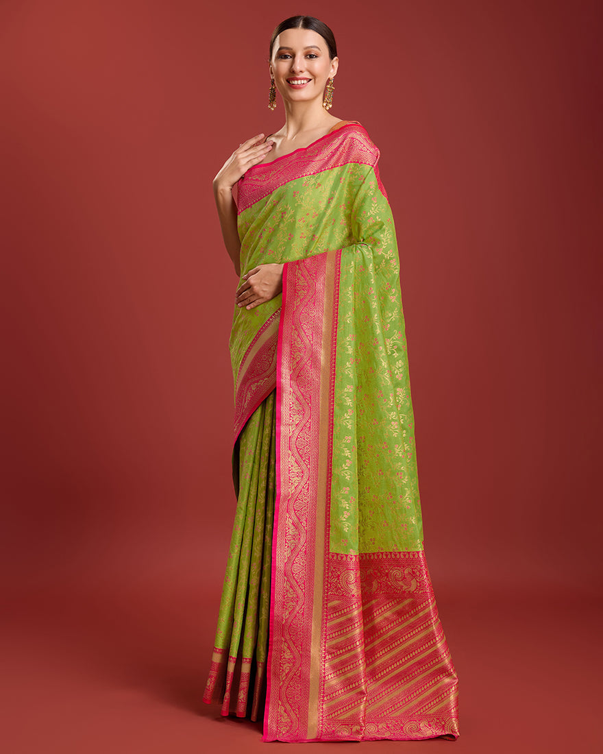 Parrot Green Zari Woven Banarasi Tissue Silk Saree