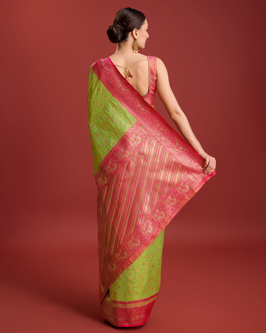 Parrot Green Zari Woven Banarasi Tissue Silk Saree
