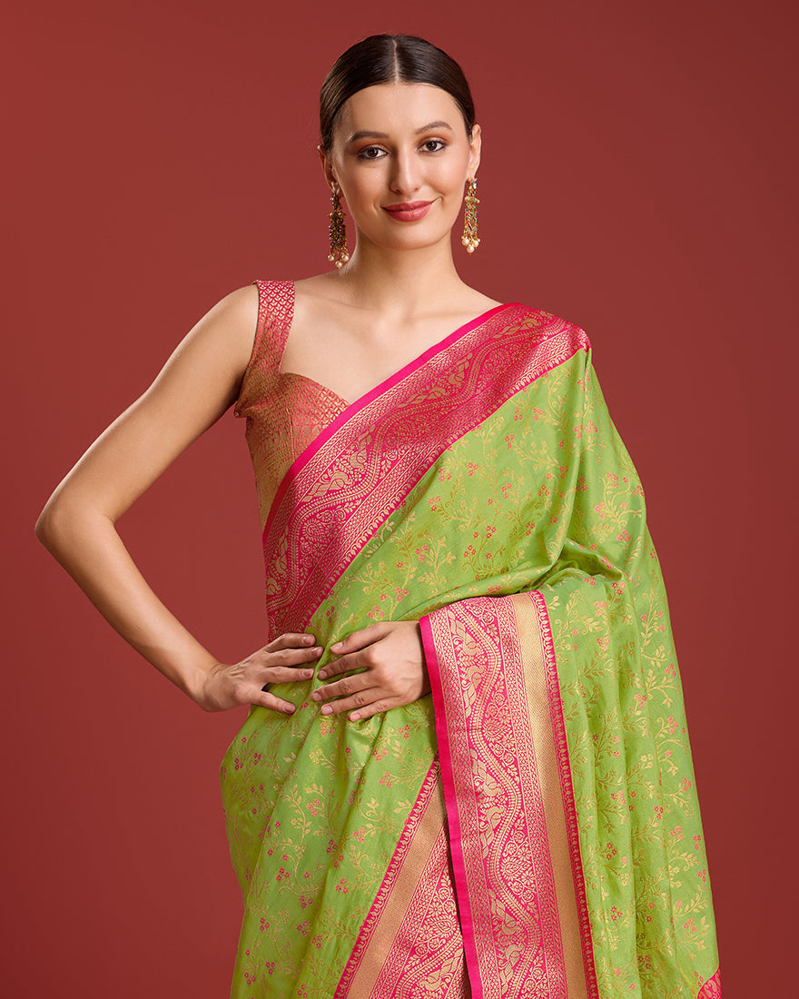 Parrot Green Zari Woven Banarasi Tissue Silk Saree