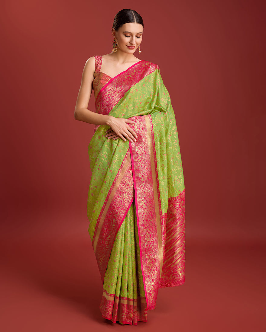 Parrot Green Zari Woven Banarasi Tissue Silk Saree