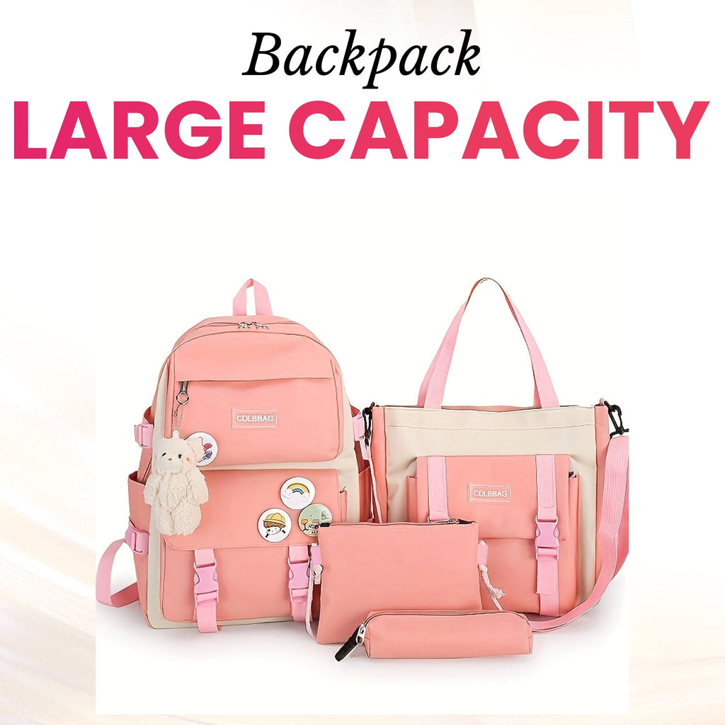 4pc Large Capacity Canvas Backpack for Teens School  Travel