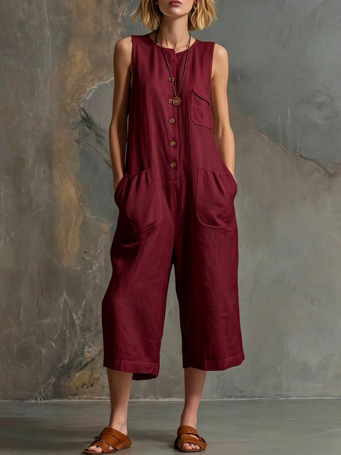 Women's Retro Sleeveless Button-Down Wide-Leg Cropped Jumpsuit - Image 10