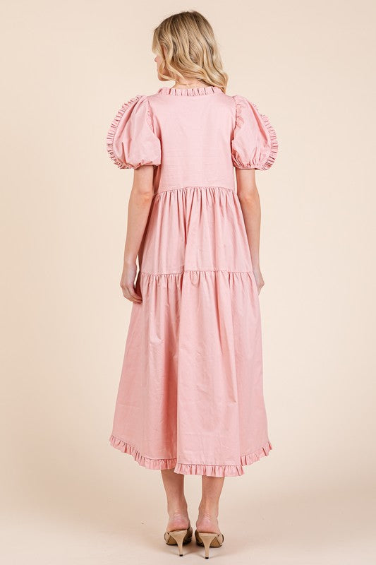 Ruffle Trim Puff Sleeve Tiered Babydoll Midi Dress