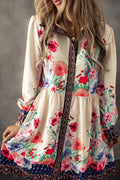 Woman wearing a vintage-style floral button-down dress with lantern sleeves