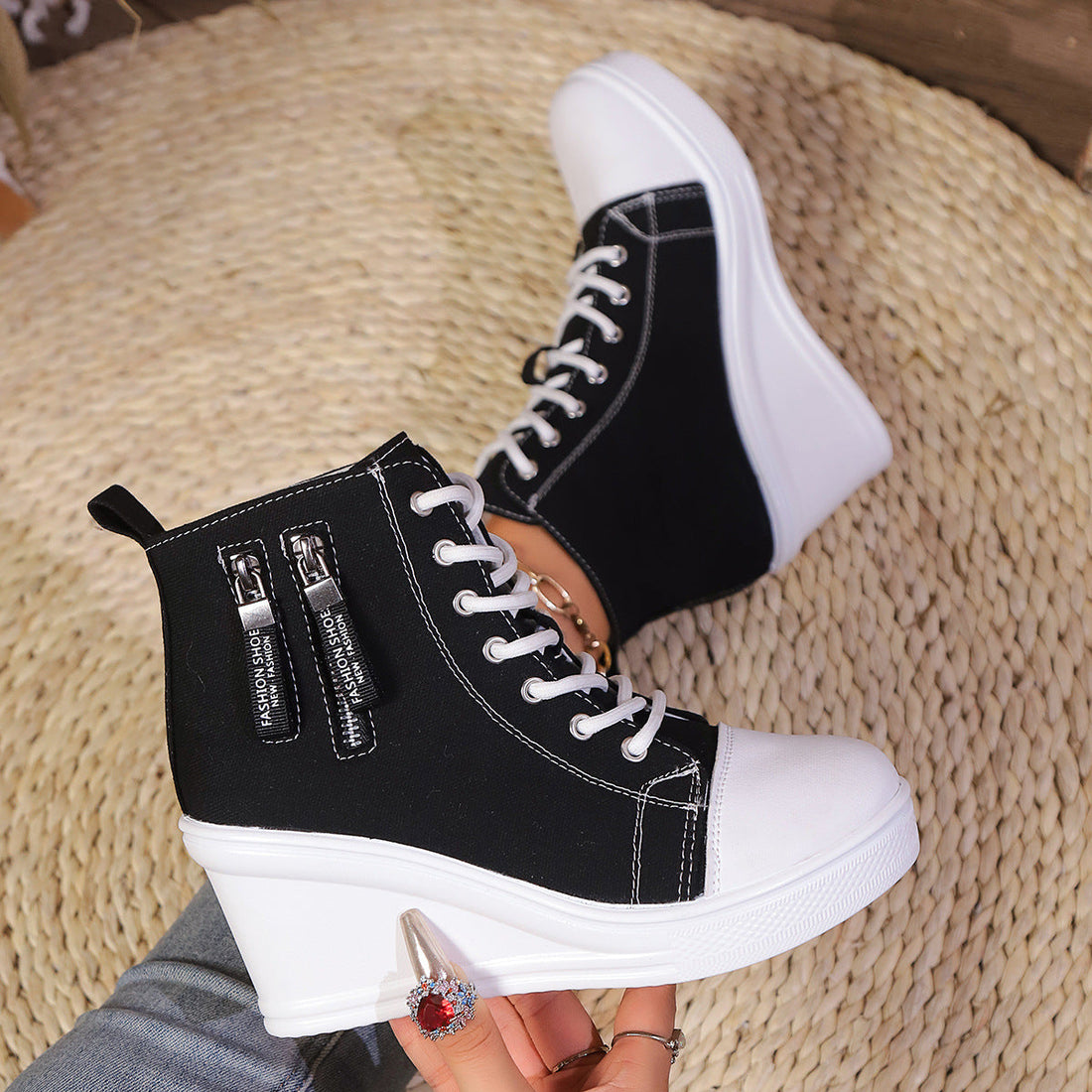 Women's canvas wedge platform lace-up sneakers in black and white