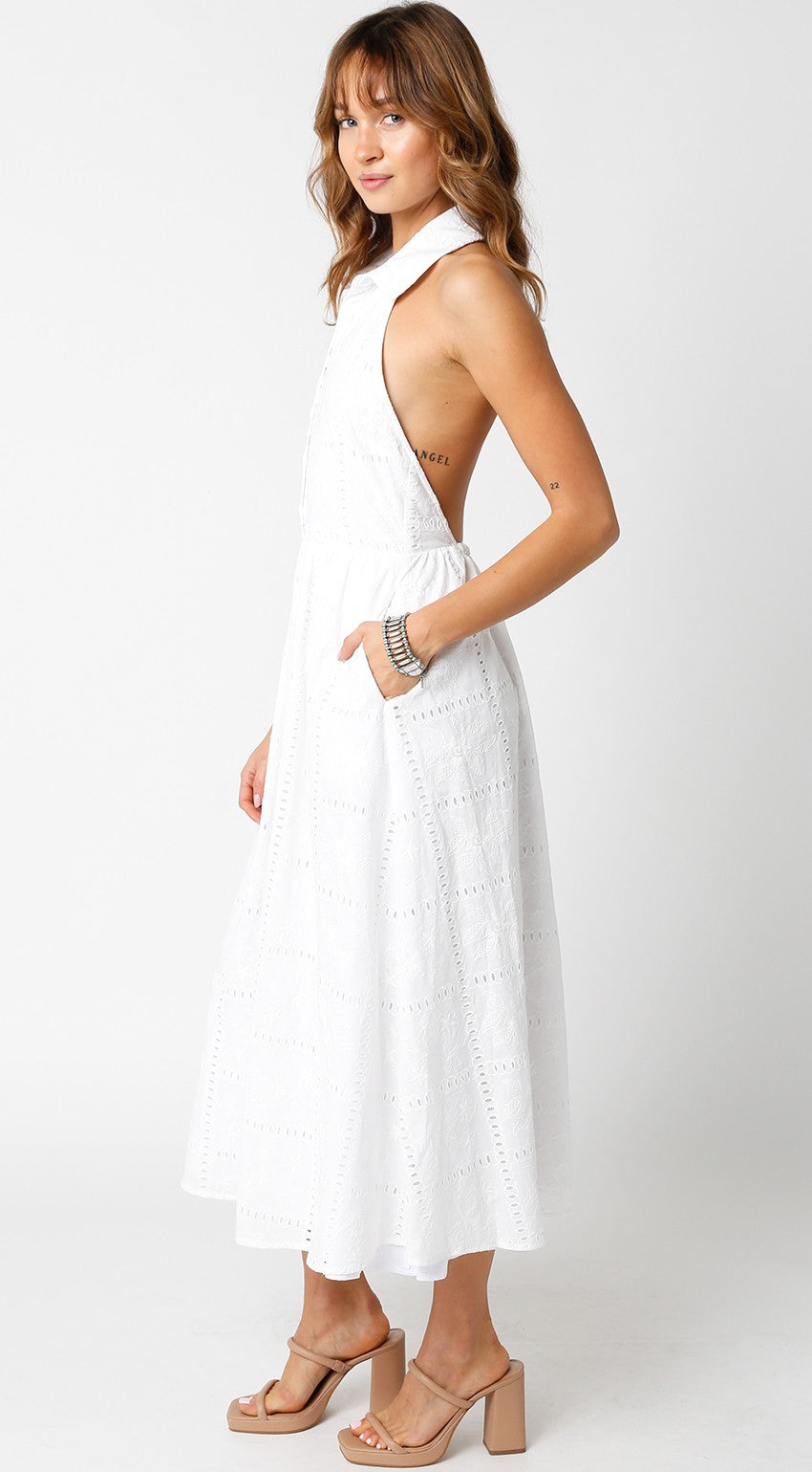 White Sleeveless Collared Eyelet Midi Dress with Open Back - Image 2