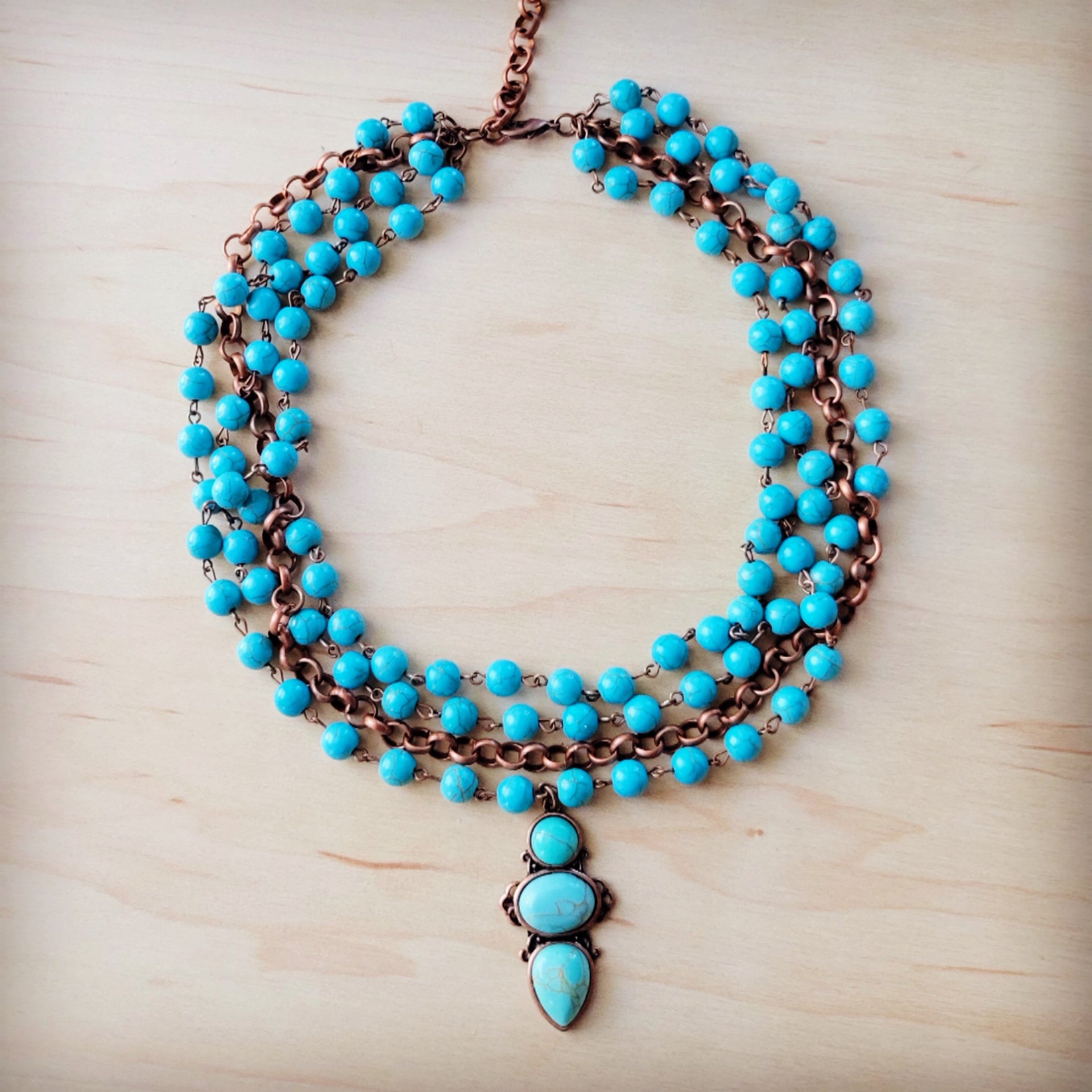 Triple Strand Blue Turquoise Bead Necklace with Copper Pendant - Image 4
