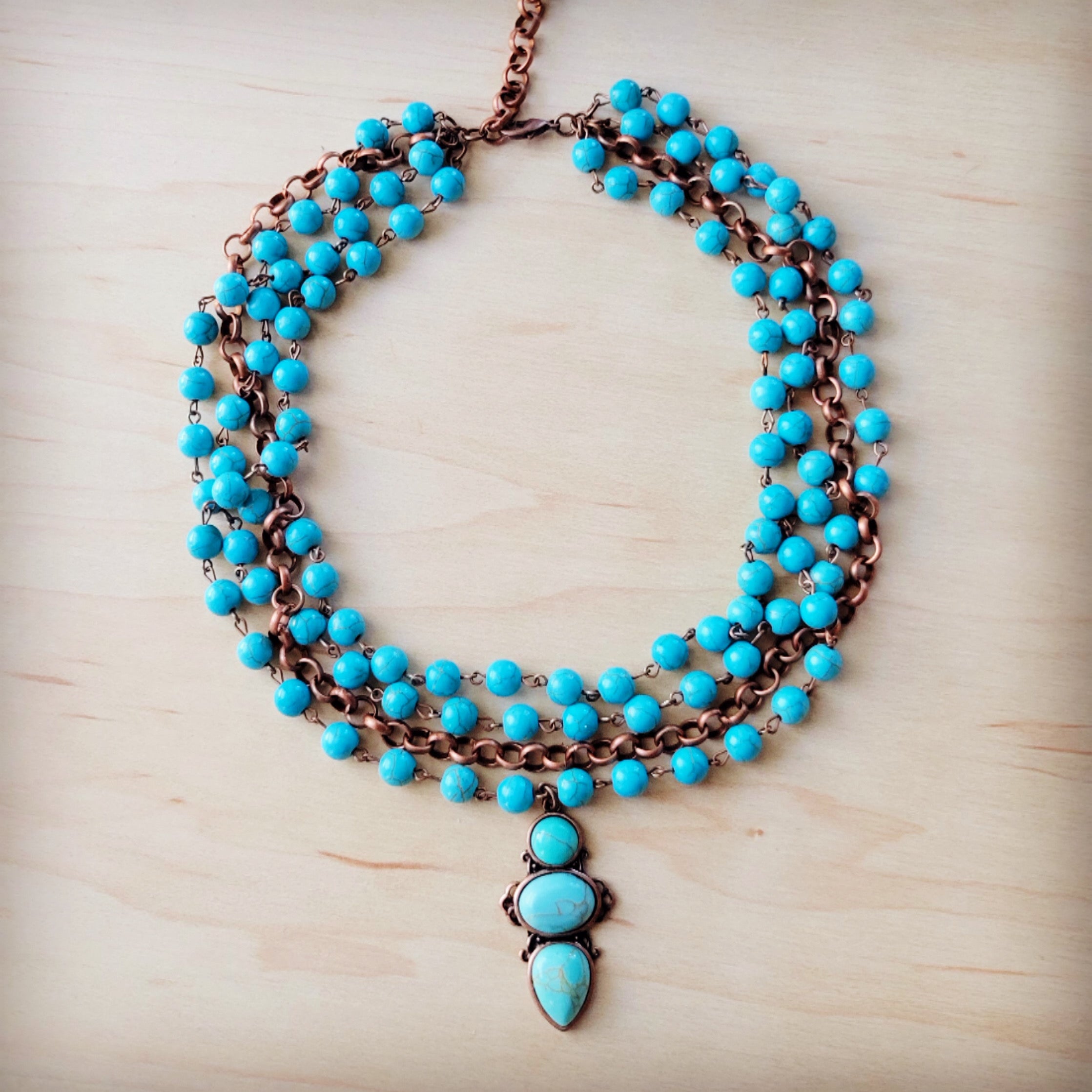 Triple Strand Blue Turquoise Bead Necklace with Copper Pendant - Image 4
