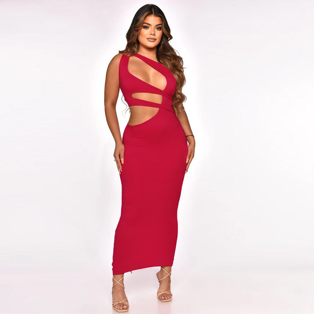 Women Clothing Slant Shoulder Asymmetric Sexy Slim Dress