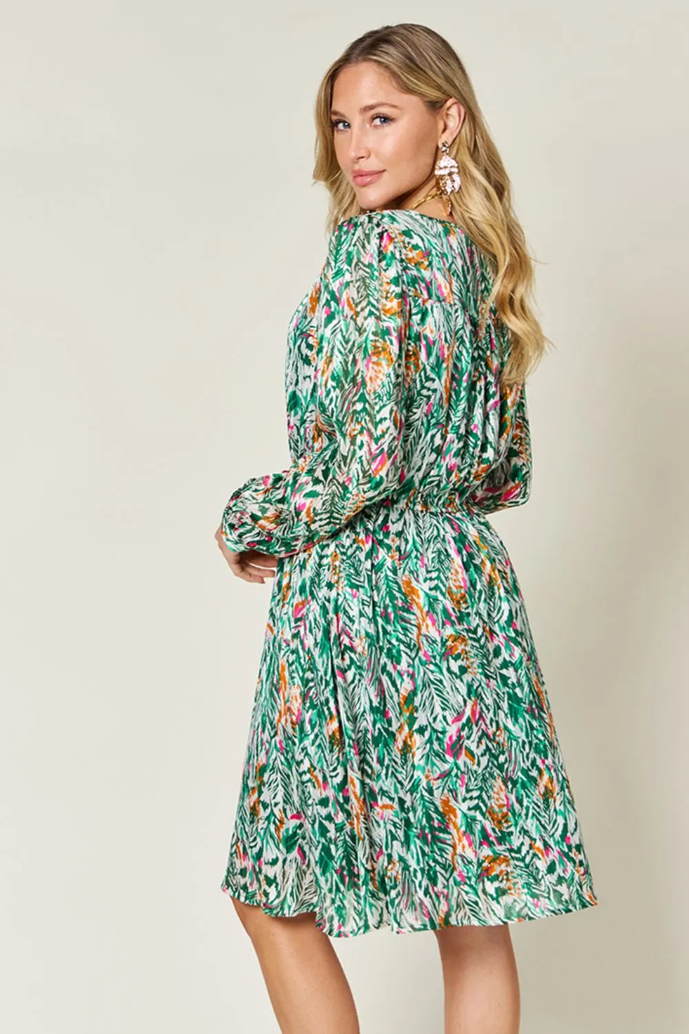 Printed Drawstring Waist Long Sleeve A-Line Dress | V-Neck