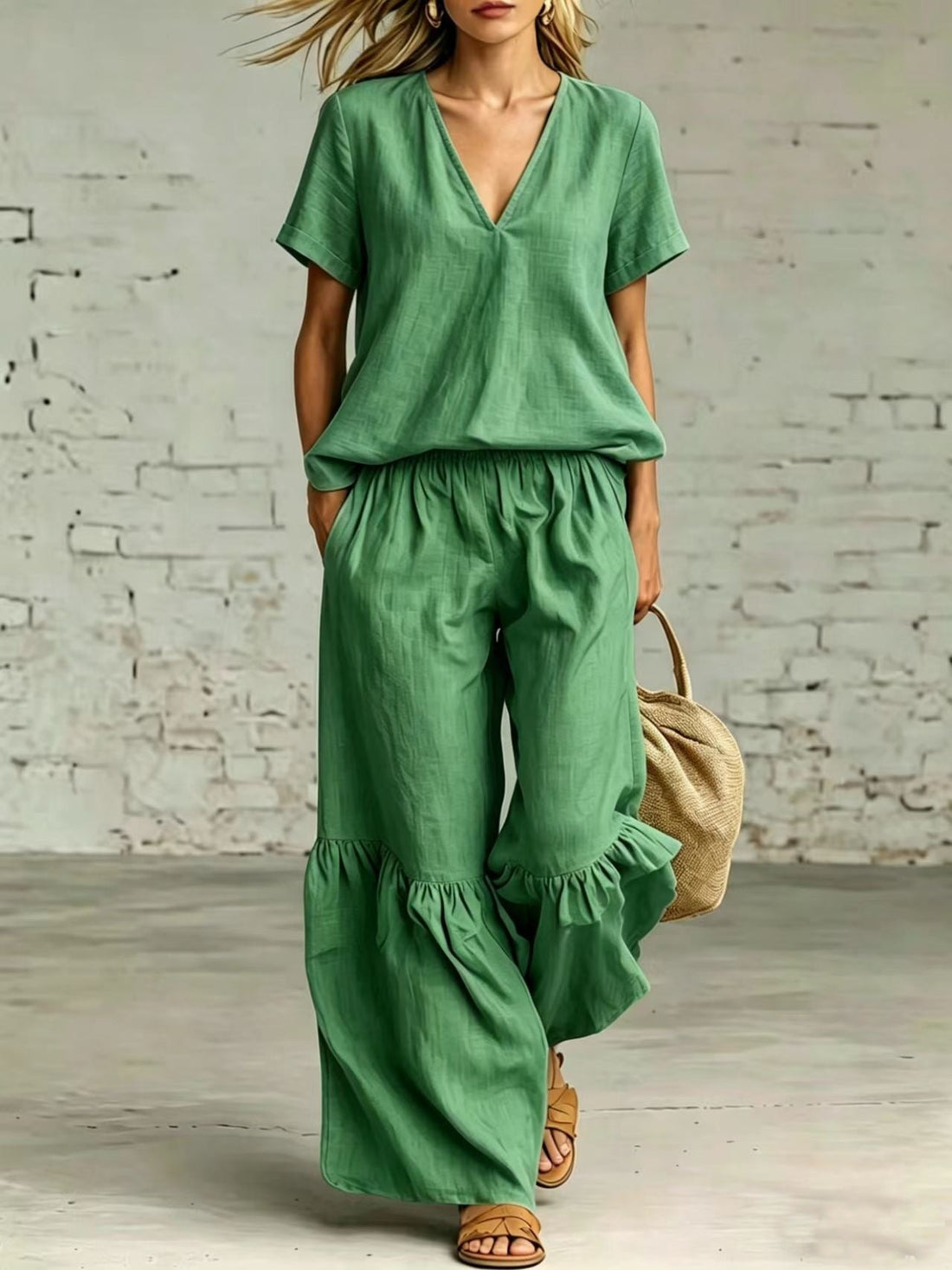 V-Neck Short Sleeve Top and Ruffled Hem Pants Set - Image 7