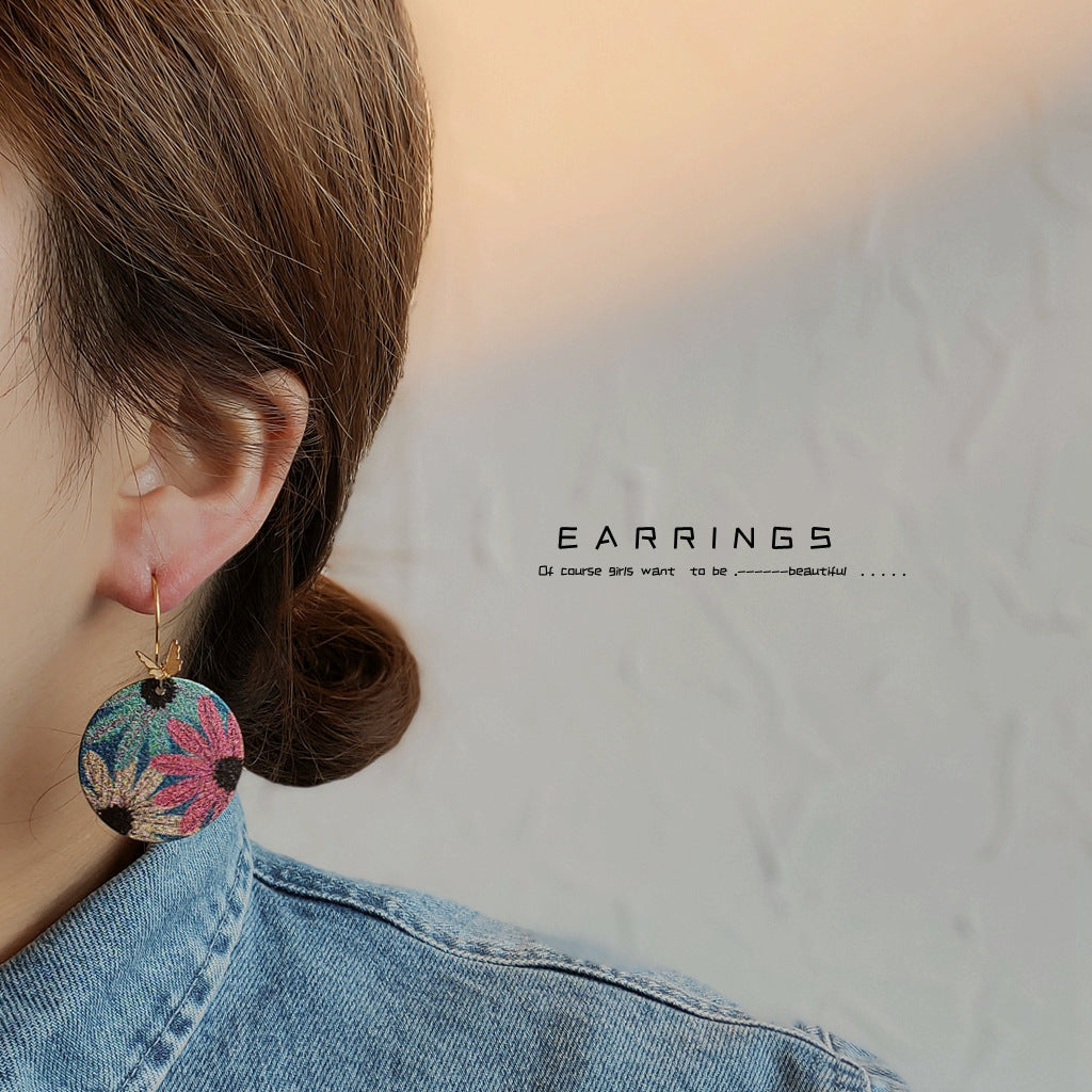 Real Gold-Plated Round Geometric Statement Earrings With Butterflies And Flowers