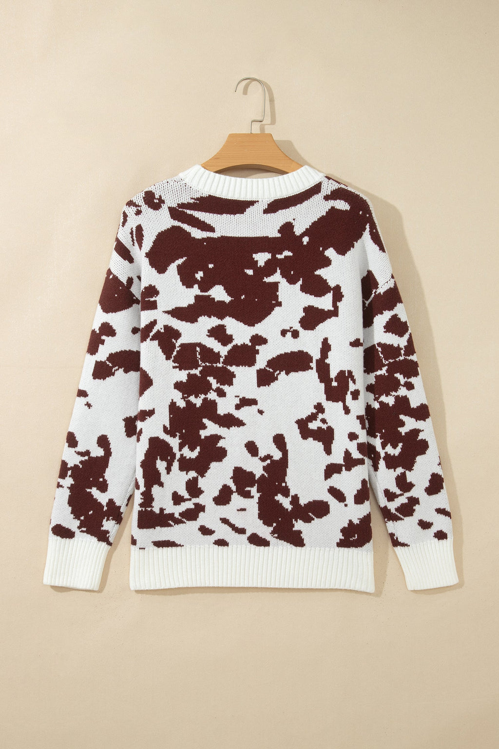 Western Cow Print Ribbed Round Neck Sweater