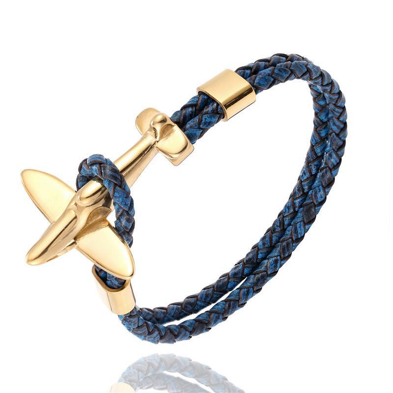 Retro aviation style braided leather bracelet with stainless steel anchor charm