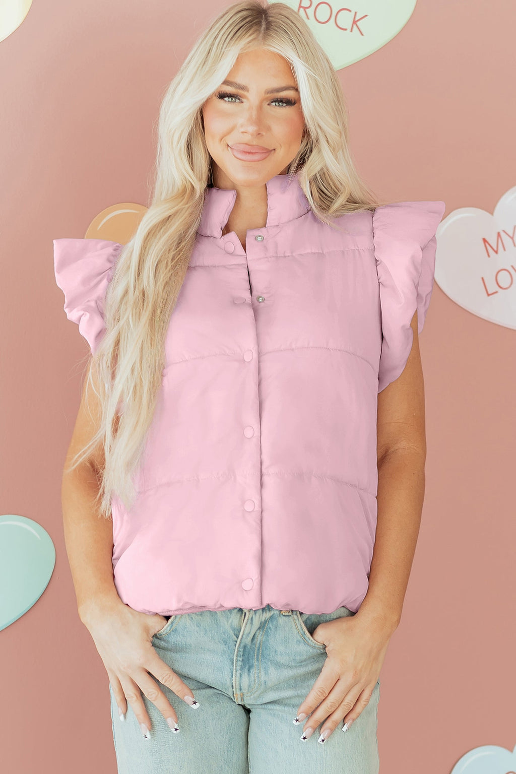 Women's Pink Solid Flutter Sleeve Puffer Vest with Snap Buttons