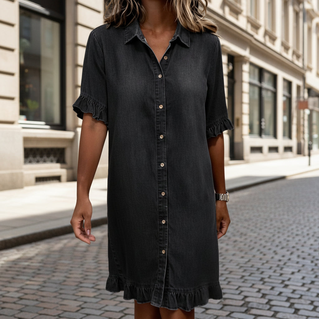 Women's Blue Faux Denim Ruffle Sleeve Casual Shirt Dress - Image 5